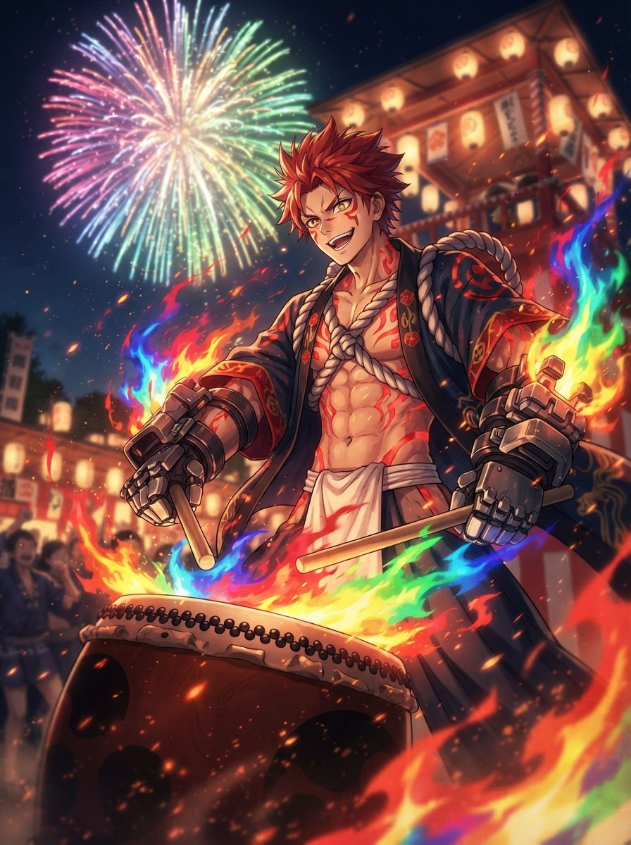 yasuhiro_'s tweet photo. ミトさんの企画
#団長と夏休み にお邪魔します🏝️

うちの賑やかし担当、忍者であるホムラが、
夏祭りを太鼓と花火で盛り上げるようです

討伐隊に参加していた時から色々と経験しまして、
（設定の見直し、変更させ）扱いやすいキャラにさせました
団長のイベントへの参加は初ですね😁 https://t.co/jj17nDjRVg