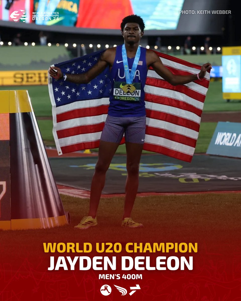 DyeStat's tweet photo. JAYDEN DELEON IS STILL ON TOP🔥🔥

🇺🇸 DeLeon sets a new championship record at #WorldAthleticsU20 with a blazing 44.47-second performance to take gold in the men's 400 meters over Quincy Wilson.

📸: Keith Webber https://t.co/rLbWUDPVnu