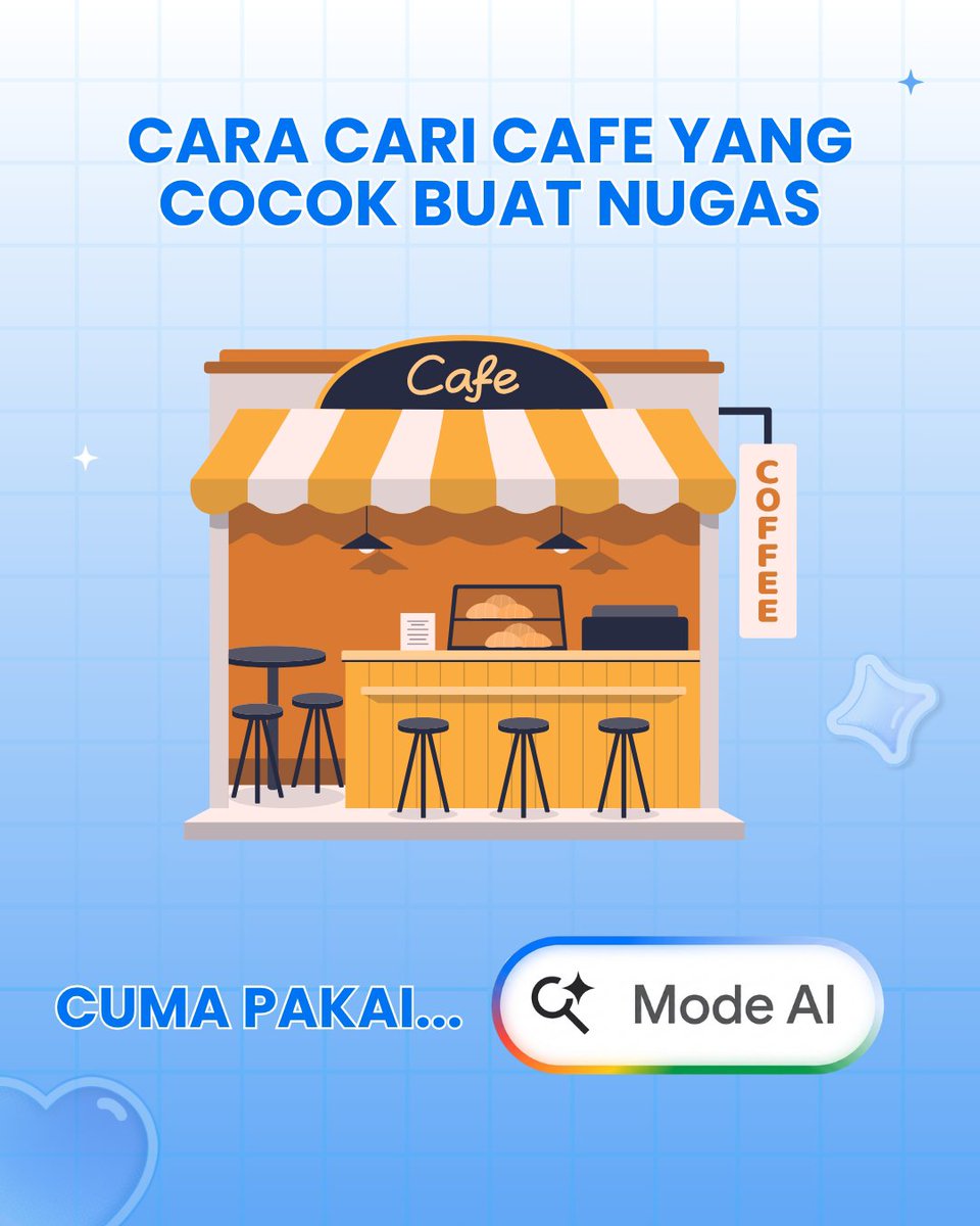Vallms05's tweet photo. Lagi cari cafe buat nugas tapi bingung mau pilih yang mana? 
Biar nggak perlu cek satu-satu, coba kasih kriterianya ke AI Mode dan biarkan dia bantu cari yang paling cocok.

@googleindonesia 
#TeamGoogle #GoogleStudentAmbassador #GSA2026 #Gemini #GoogleAI https://t.co/sCYRaYro9c