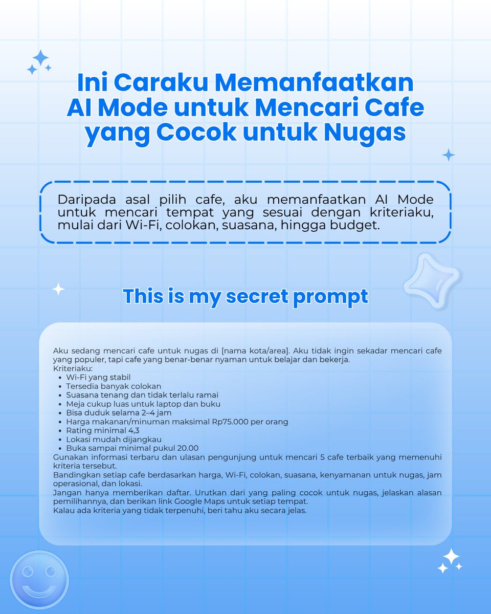 Vallms05's tweet photo. Lagi cari cafe buat nugas tapi bingung mau pilih yang mana? 
Biar nggak perlu cek satu-satu, coba kasih kriterianya ke AI Mode dan biarkan dia bantu cari yang paling cocok.

@googleindonesia 
#TeamGoogle #GoogleStudentAmbassador #GSA2026 #Gemini #GoogleAI https://t.co/sCYRaYro9c