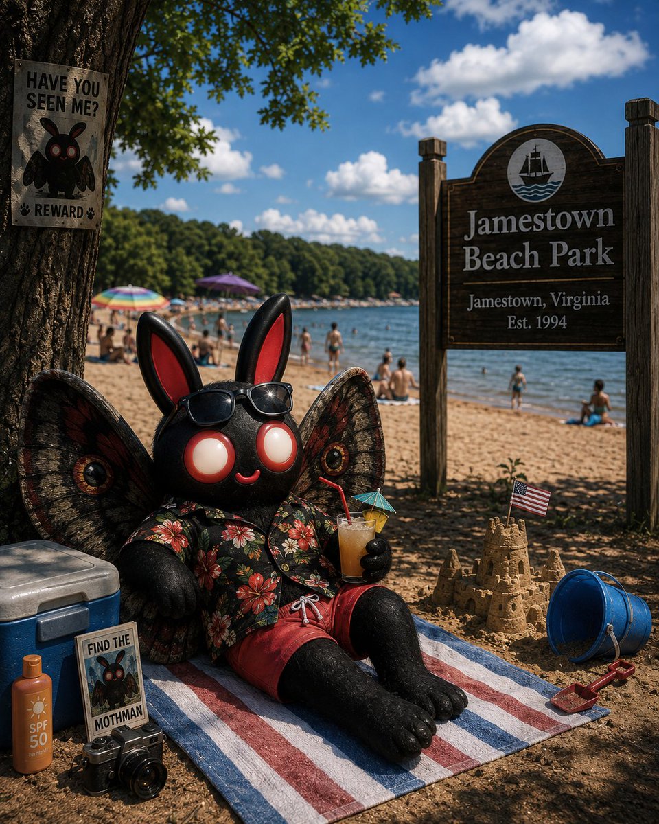 FindMothMan's tweet photo. Taking a little break from chasing history and doing something completely different today. I’m catching some sun and taking a dip at Jamestown Beach Park. I tried my best to blend in with the humans, but I think I may have been spotted. Maybe the wings were a little too obvious https://t.co/fdK7I3d98J