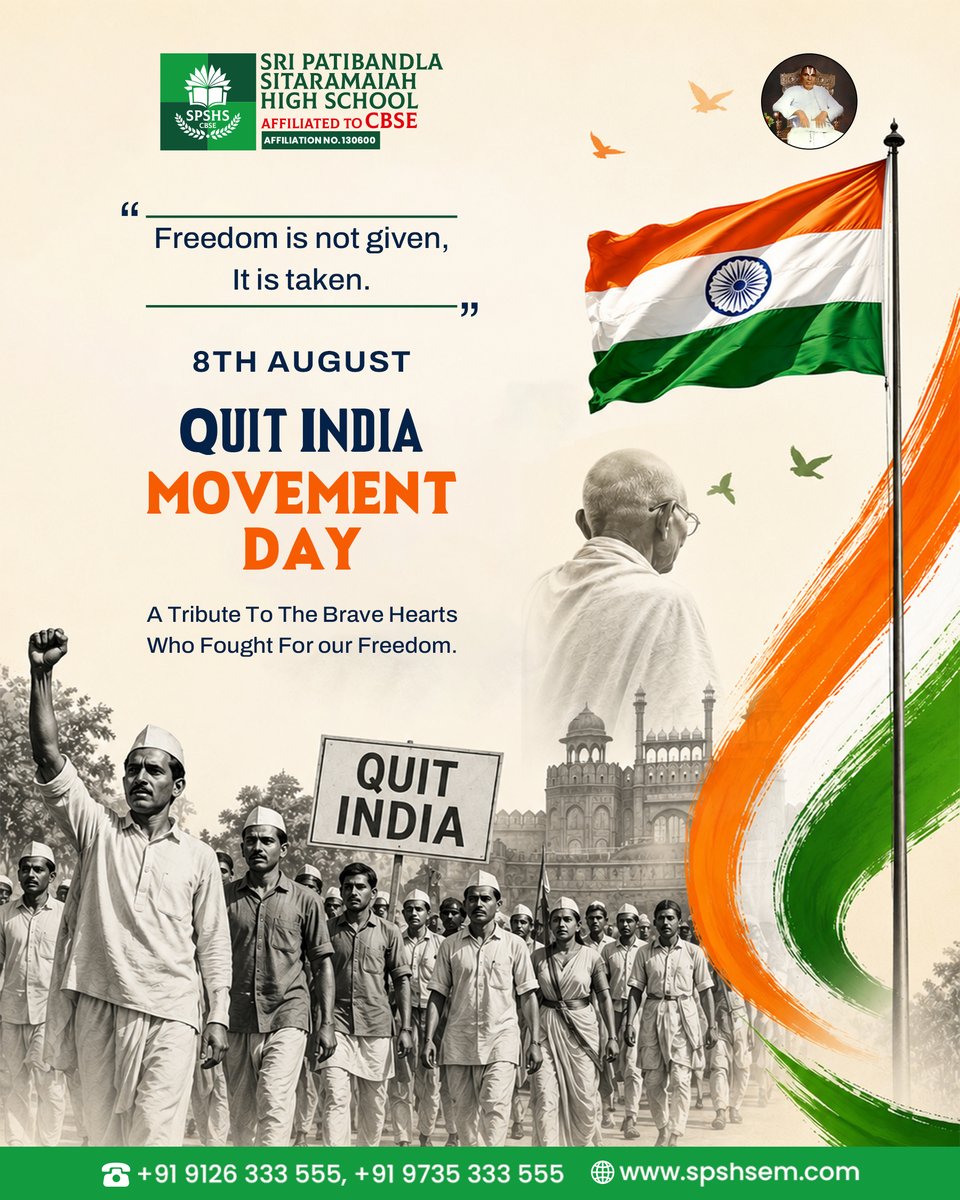 cbsesps's tweet photo. 🇮🇳 Freedom was earned through courage, sacrifice, and unwavering determination. On Quit India Movement Day, we pay tribute to the brave freedom fighters who united with the spirit of "Do or Die" and inspired a nation to rise for independence.  🇮🇳✨ https://t.co/otUqOCvway