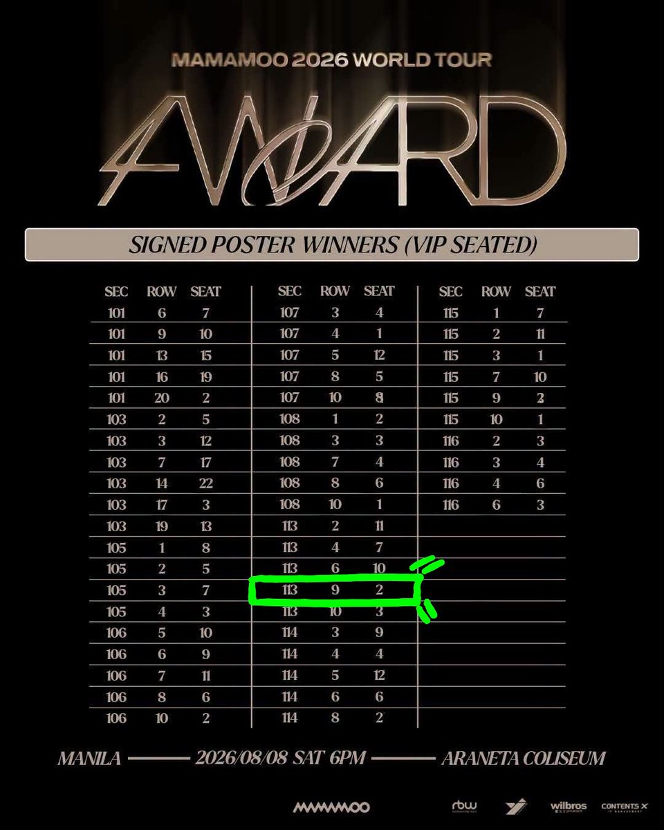 JINiusBYUL's tweet photo. MAMAMOO 2026 WORLD TOUR <4WARD> in MANILA

1 ticket VIP Seated
🟢Section 113-PORT1, Row:9, Seat: 2
15,800
Signed Poster Winner (Claiming of poster after the show)

rfs: Unable to go to concert due to bad weather 

*crying moomoo hearteu* https://t.co/KKxPK6UXmo