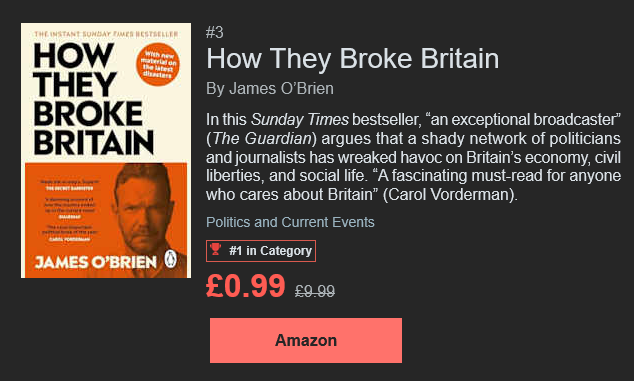 Carlitomoore's tweet photo. So much happening in one picture. 'Exceptional Broadcaster' James 'Mug' O Brian's book, previously #1 in Ideologies at a 90% discount being promoted by Communist Carol. Kudos to @afneil and @GoodwinMJ for making it onto this 'charge sheet' compendium of bad actors. https://t.co/dlgtEevNP8