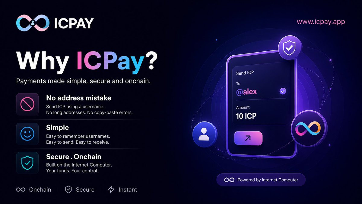 IcpayOfficial's tweet photo. Why ICPay? ♾️

No long addresses. No copy-paste mistakes. Just simple, secure, onchain payments using a username.

https://t.co/bj9loMlUp0

Built on the Internet Computer. 🌐

#ICPay #ICP #InternetComputer #DFINITY #Web3 #Crypto #Onchain #DeFi https://t.co/TjRJRvReUG