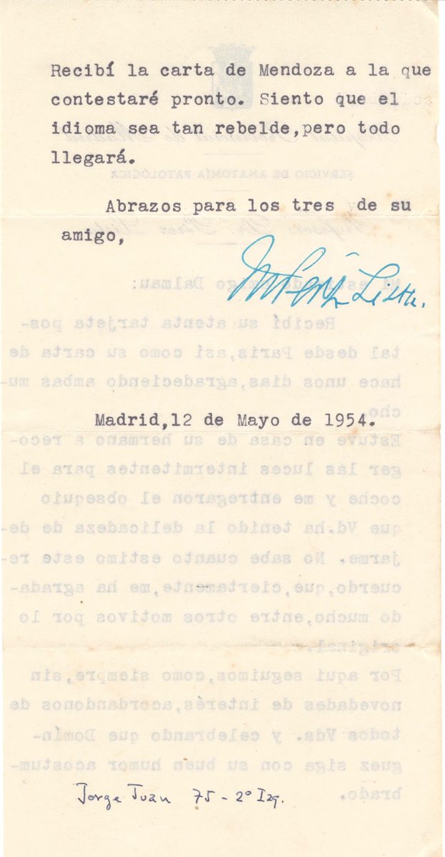 MaximoDalmau's tweet photo. Membrete (anverso):
Hospital Provincial de Madrid
SERVICIO DE ANATOMÍA PATOLÓGICA
Profesor: Dr. Pérez Lista 
Cuerpo de la carta:  Mi estimado amigo Dalmau:  Recibí su atenta tarjeta postal desde Paris, así como su carta de hace unos días, agradeciendo ambas mucho.  Estuve en... https://t.co/n4nZXTxPor
