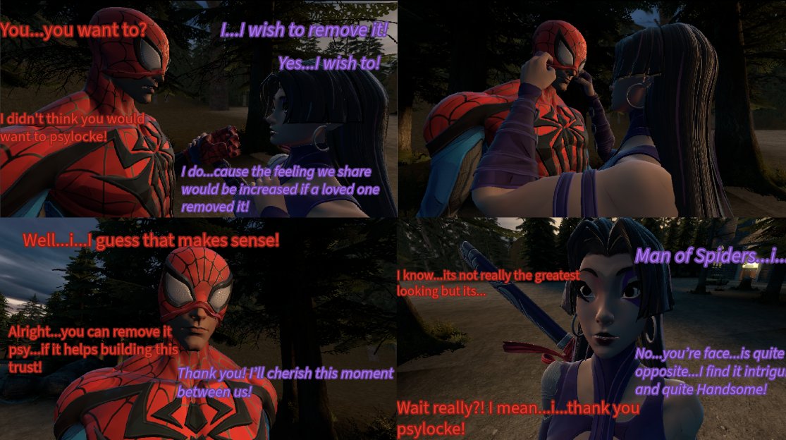 ZombieKevster2's tweet photo. Chapter 10 : A Reveal to ones Heart!
#SpiderMan #Psylocke #SpiderSai #Unmasked #MarvelRivals #Comicstrip #Sourcefilmaker #3D https://t.co/NpsGRj9luJ