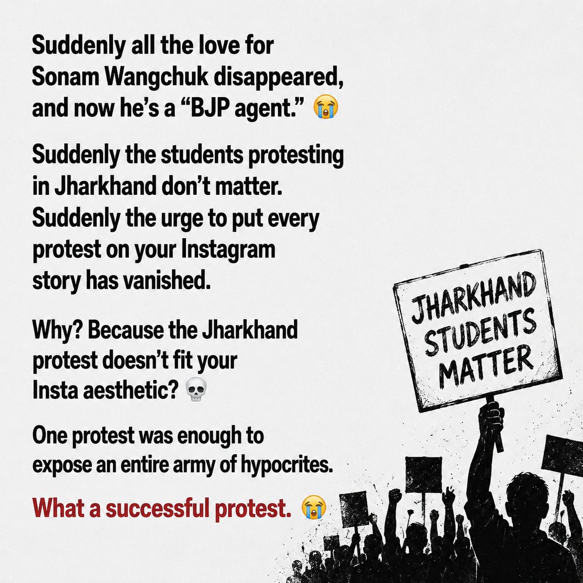 civic_chemist's tweet photo. How to find a hypocrite? 🙂 Wait for their favourite person to stop feeding their narrative. Yesterday’s ���hero” suddenly becomes today’s “government agent.” #jharkhandprotest #studentprotest https://t.co/AzDRXTUHAL