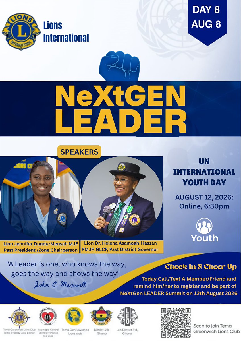tema_greenwich's tweet photo. Day 8 | Youth Month Leadership Campaign: True Leadership in Action
“A leader is one who knows the way, goes the way, and shows the way."* — John C. Maxwell
#WeServe
#LionsInternational
#District418Ghana
#LeoDistrict418
#internationalyouthday
#LeoClub
#servicefellowshipfriendship https://t.co/lo5sgZvMjn