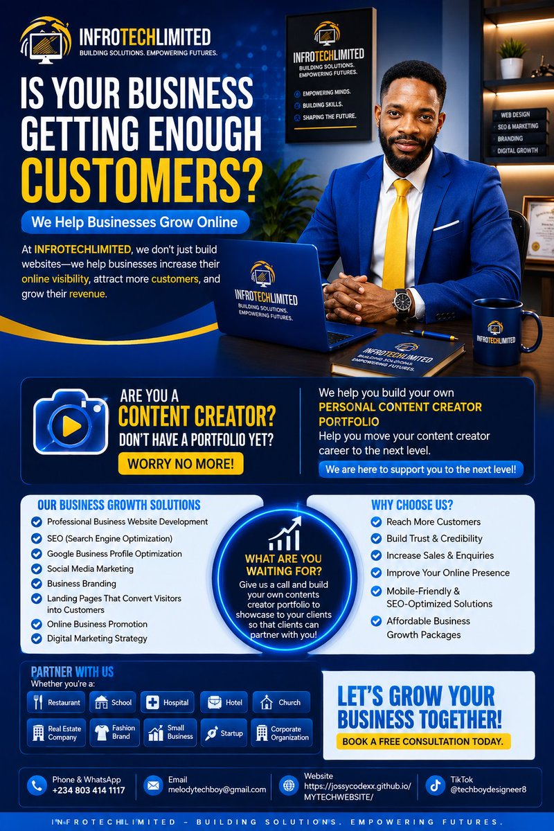 Prince89410056's tweet photo. If you don't have a professional website or portfolio, you're missing an opportunity to make a strong first impression.
At INFROTECHLIMITED, we build:
🌐 Business Websites
🎬 Content Creator Portfolios
🔍 SEO-Friendly Websites
📱 Mobile-Friendly Websites
📈 Landing Pages https://t.co/IqDxNh3s60