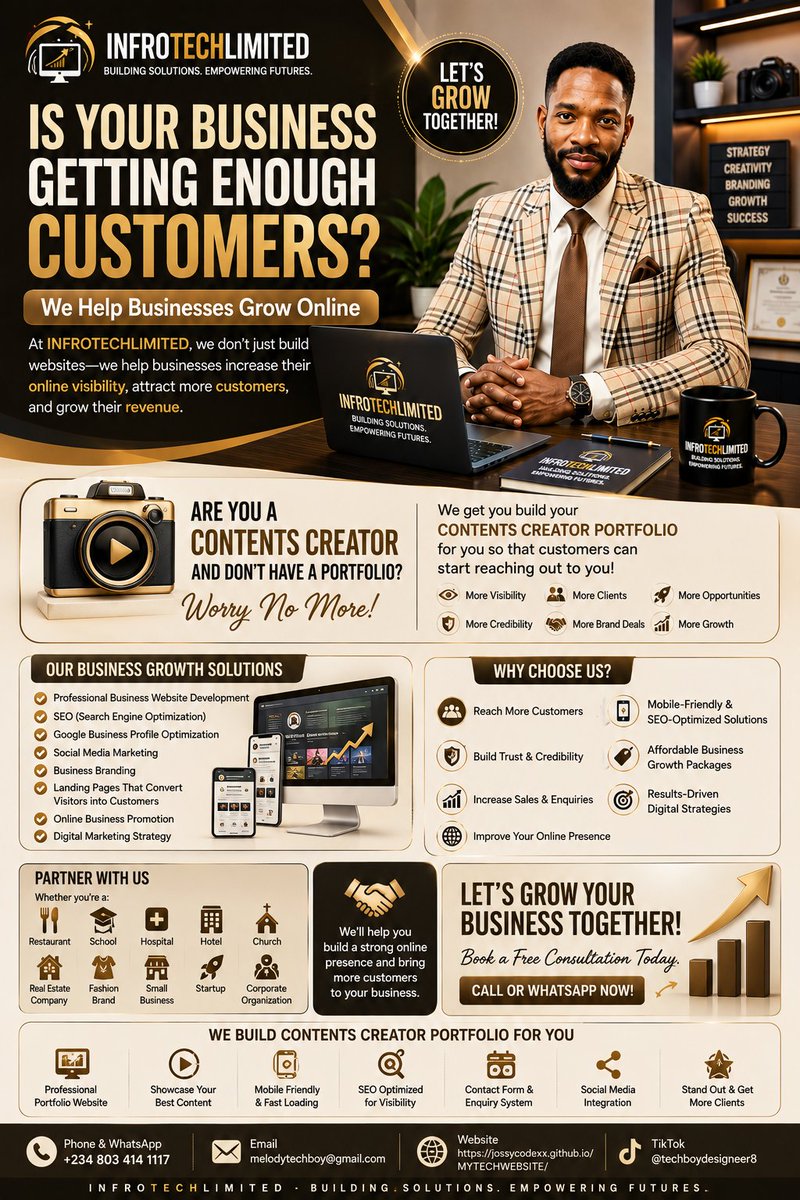 Prince89410056's tweet photo. If you don't have a professional website or portfolio, you're missing an opportunity to make a strong first impression.
At INFROTECHLIMITED, we build:
🌐 Business Websites
🎬 Content Creator Portfolios
🔍 SEO-Friendly Websites
📱 Mobile-Friendly Websites
📈 Landing Pages https://t.co/yjALmxfftF