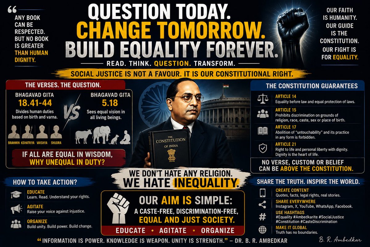 itzNikiiii's tweet photo. Read. Question. Think. Transform.

#BhagavadGita #QuestionEverything #Equality #SocialJustice #Ambedkar #Constitution #CasteDiscrimination https://t.co/T7zLSOfOwR