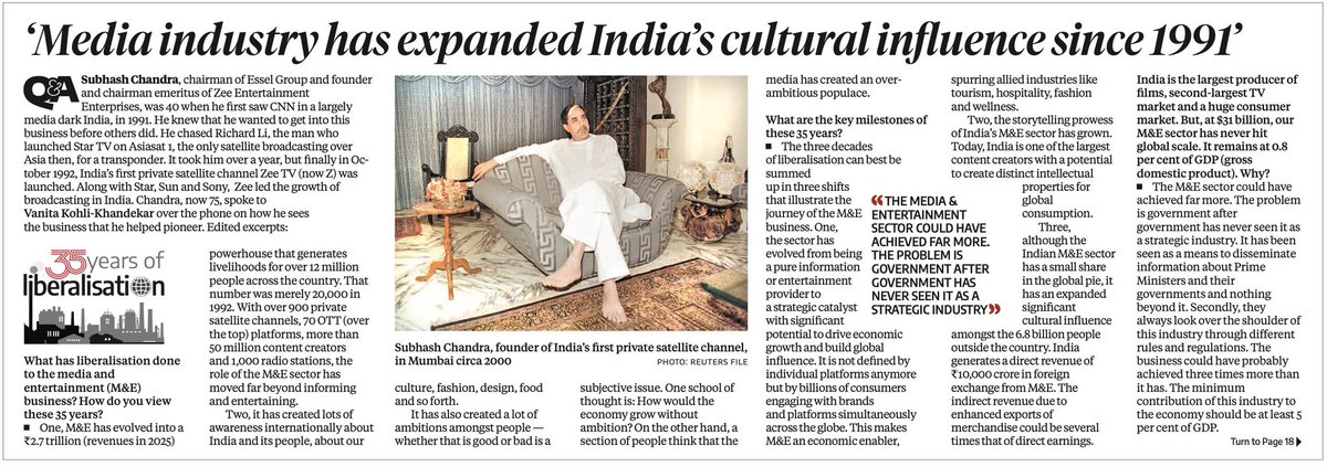 ZEECorporate's tweet photo. Our Founder and Chairman Emeritus’s views, in today’s Business Standard, on the sector’s powerful impact and contribution to the Nation’s liberalization journey! https://t.co/WUnUBZOsUz
