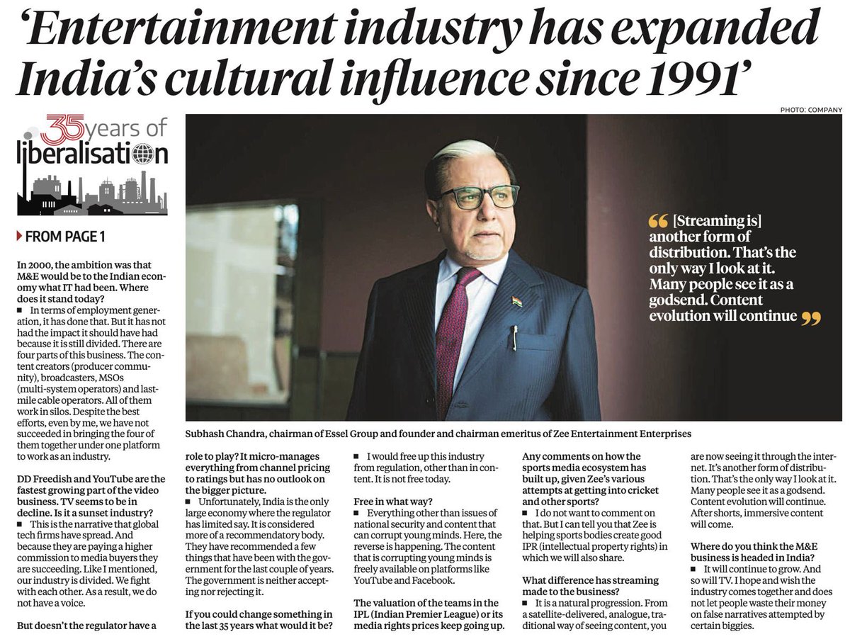 ZEECorporate's tweet photo. Our Founder and Chairman Emeritus’s views, in today’s Business Standard, on the sector’s powerful impact and contribution to the Nation’s liberalization journey! https://t.co/WUnUBZOsUz