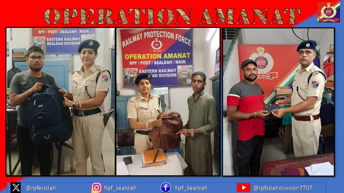rpfersdah's tweet photo. On 07.08.2026, RPF officials of Sealdah Div. recovered left behind bags containing  and other valuables worth Value Rs. 21499/- from various train/stations. After due verification handed over to actual owners.  #OperationAmanat https://t.co/OdNf3fumMT