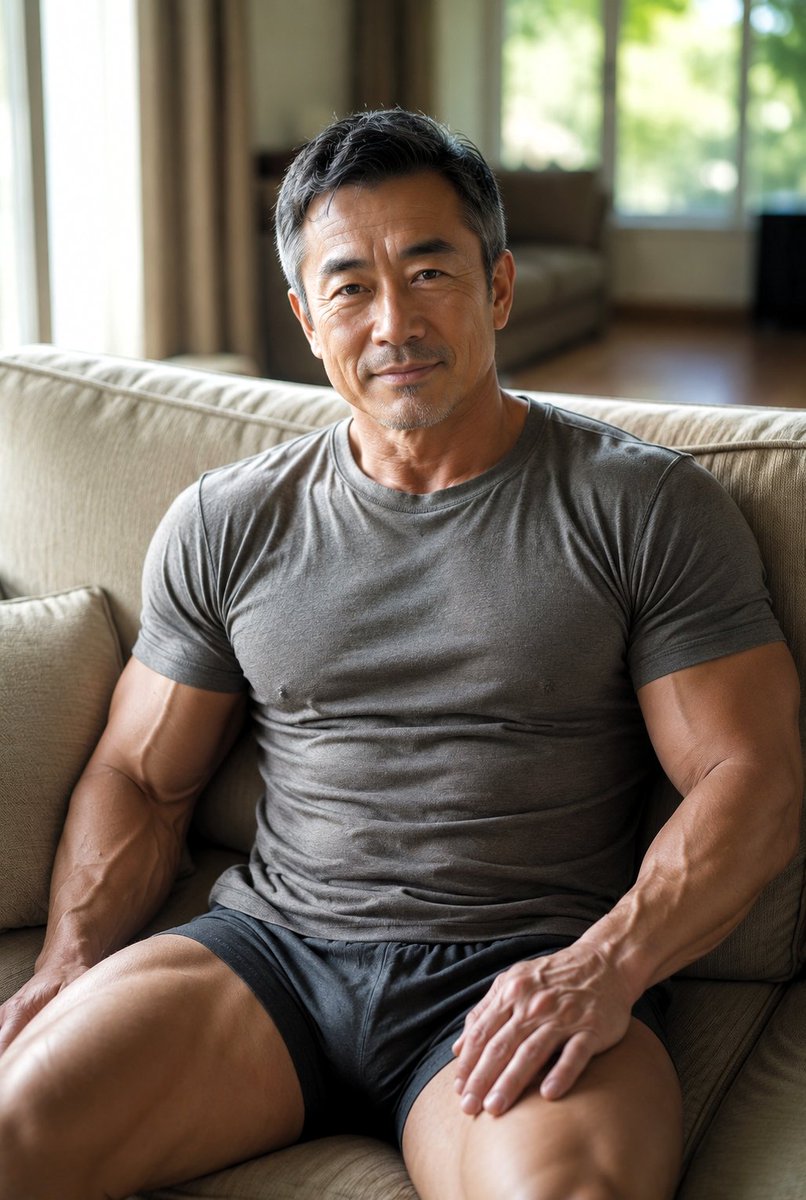 ikeojizukan's tweet photo. Relaxed on the couch in a fitted tee with that calm, confident smile. This silver-fox brings quiet strength and easy masculine charm. https://t.co/Z9UJC601V4