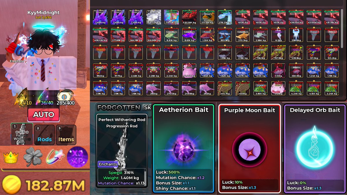 Midnightdsty's tweet photo. WTS FISH IT ACC (Datver)
➔ Lvl 2,494 | 182.87M Coins 
➔ Withering Rod (Secret Hunter, Cursed) 
➔ Fish: 224 SC/FG/Anomaly | 382 SC TB/Mega Frostborn 
➔ All Abilities (Excl. Lightning &amp; Singularity)
Price: 165k — DM for info!
Midmain Available | QRIS on https://t.co/eoPRDKHoyY