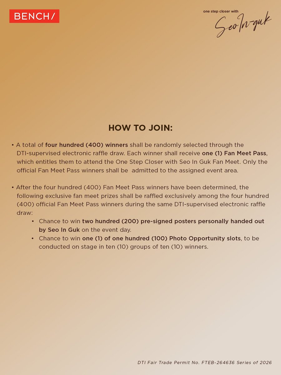 buzzsetter_'s tweet photo. Heartriders, check out the mechanics for a chance to see #GlobalBENCHsetter Seo In Guk live in Manila on August 22, 2026, at the Main Atrium of SM Mall of Asia.

#BENCHOneStepCloserWithSeoInGuk #BENCHxSeoInGuk @benchtm https://t.co/LJlbxteaws