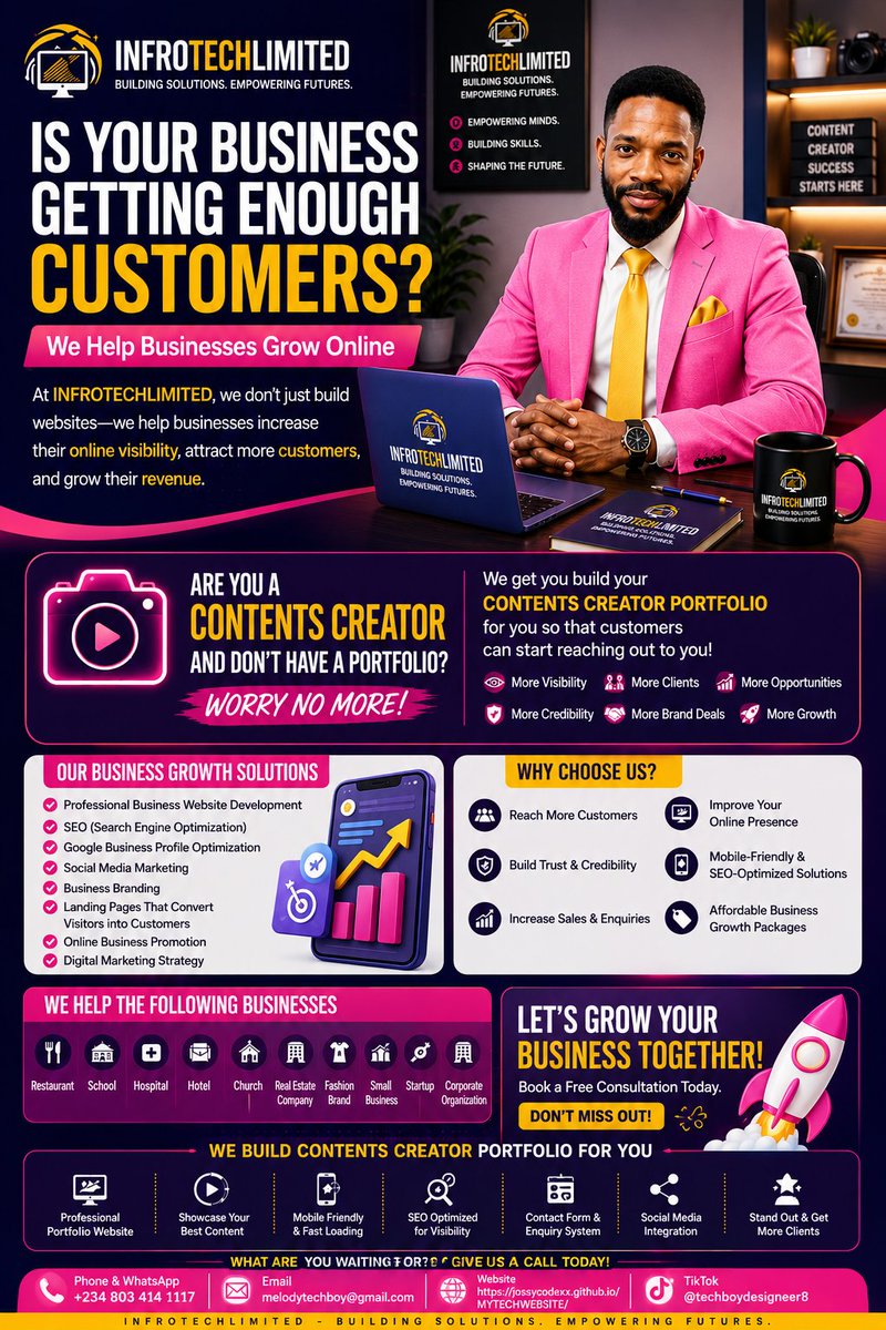 Prince89410056's tweet photo. If you don't have a professional website or portfolio, you're missing an opportunity to make a strong first impression.
At INFROTECHLIMITED, we build:
🌐 Business Websites
🎬 Content Creator Portfolios
🔍 SEO-Friendly Websites
📱 Mobile-Friendly Websites
📈 Landing Pages https://t.co/H9uW0Qw4SQ