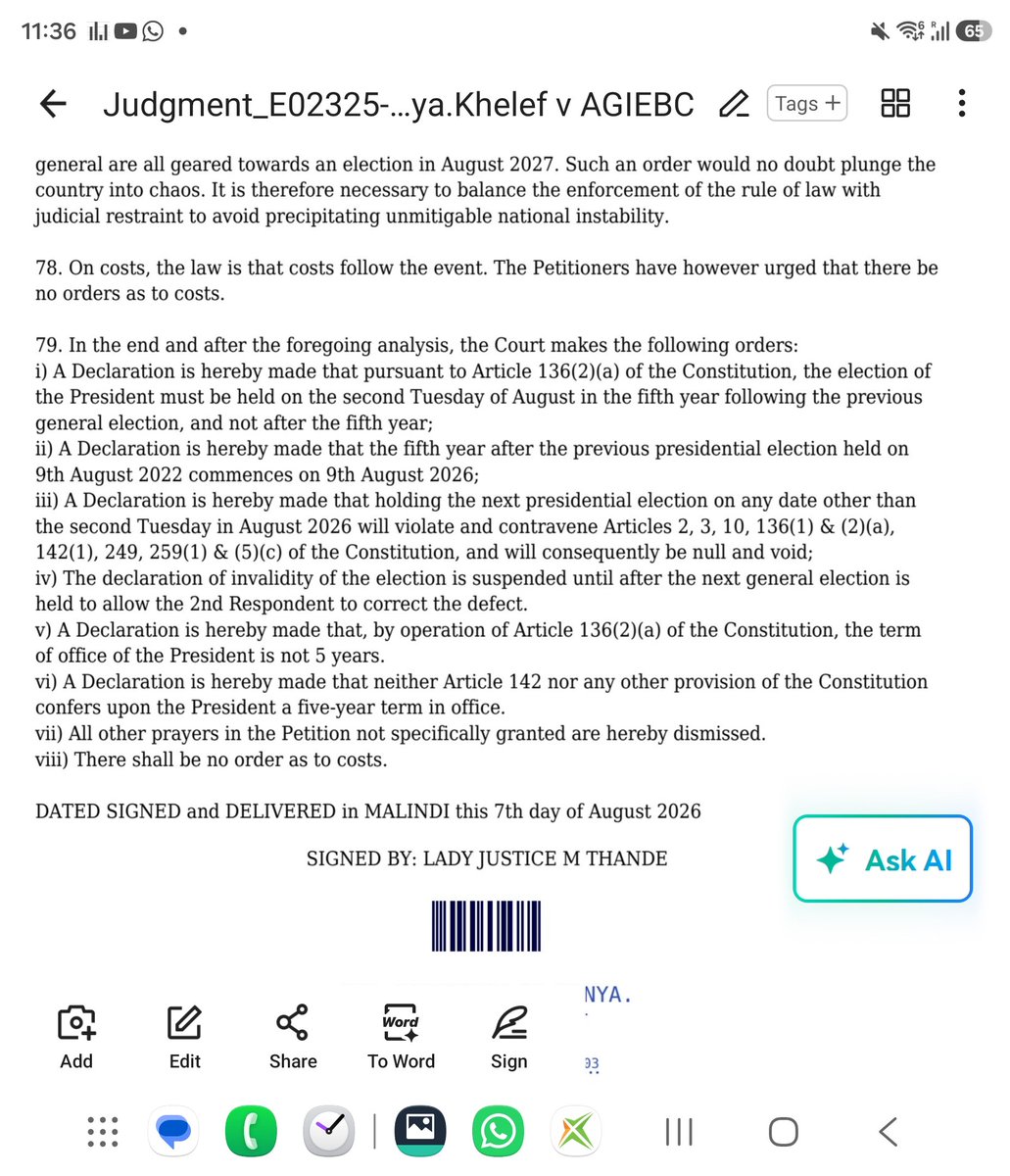 ahmednasirlaw's tweet photo. The judgment by Justice Thande is for the ages. It officially ranks pari passu with Justice Said Chitembwe's judgment freeing Martin Charo for defiling a 13 years old girl because "she was willing to have sex with him having sneaked into his bedroom" as one of the the most STUPID judgment rendered by a Kenyan court since July 1 1895 when Kenya was declared part of the East African British Protectorate. This is what happens when judges handling weight constitutional matters engage in clout chasing!