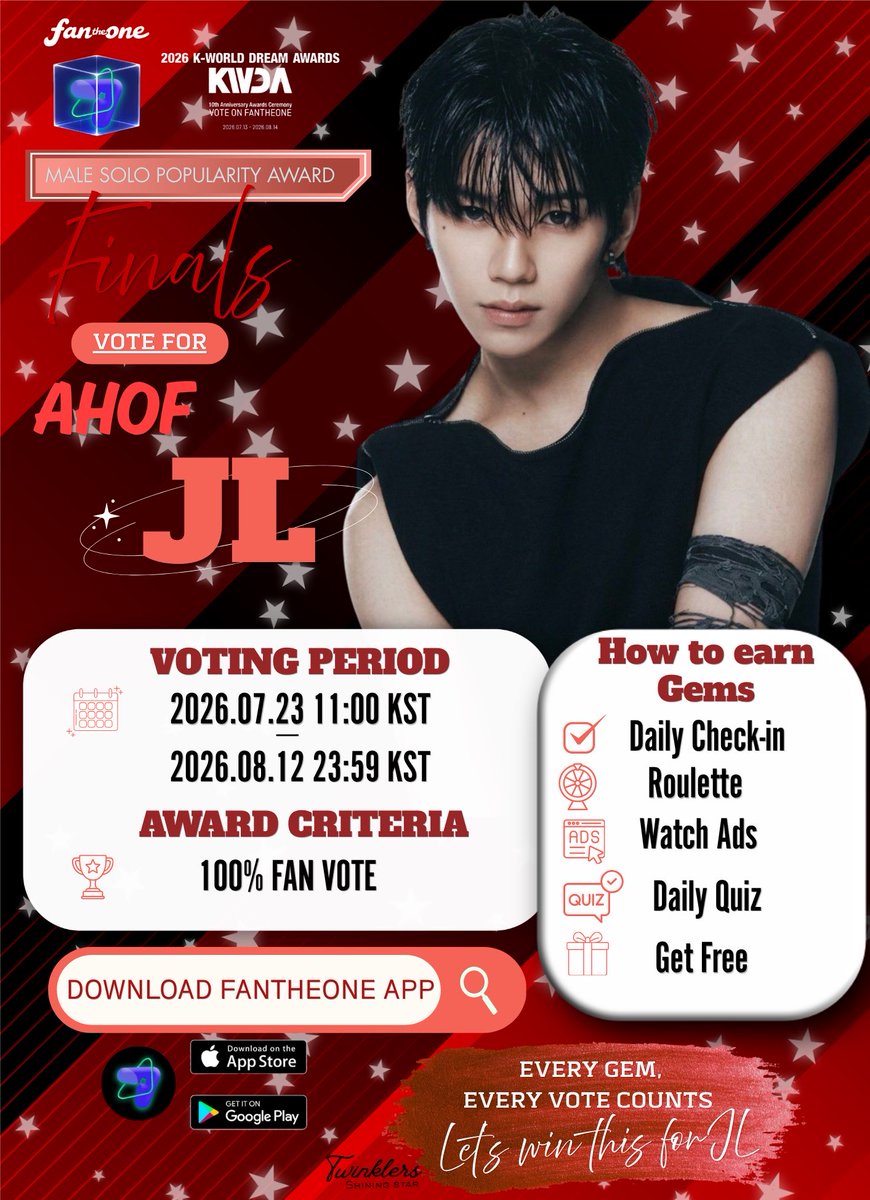 twinklers_vt's tweet photo. 🚨𝟮𝟬𝟮𝟲 𝗞𝗪𝗗𝗔 𝗠𝗮𝗹𝗲 𝗦𝗼𝗹𝗼 𝗣𝗼𝗽𝘂𝗹𝗮𝗿𝗶𝘁𝘆 𝗔𝘄𝗮𝗿𝗱 – 𝗙𝗶𝗻𝗮𝗹𝘀 🚨

🎖️𝗝𝗟 (제이엘) is back in the Top 𝟯 of the 𝟮𝟬𝟮𝟲 𝗞𝗪𝗗𝗔 𝗠𝗮𝗹𝗲 𝗦𝗼𝗹𝗼 𝗣𝗼𝗽𝘂𝗹𝗮𝗿𝗶𝘁𝘆 𝗔𝘄𝗮𝗿𝗱! 

The competition is getting tougher, the rankings can change at any moment, and every single vote matters until the very end. ❤️‍🔥

🗓️ 𝗩𝗼𝘁𝗶𝗻𝗴 𝗣𝗲𝗿𝗶𝗼𝗱
𝗝𝘂𝗹𝘆 𝟮𝟯, 𝟮𝟬𝟮𝟲 (𝟭𝟭:𝟬𝟬 𝗔𝗠 𝗞𝗦𝗧) – 𝗔𝘂𝗴𝘂𝘀𝘁 𝟭𝟮, 𝟮𝟬𝟮𝟲 (𝟭𝟭:𝟱𝟵 𝗣𝗠 𝗞𝗦𝗧)

🏆 𝗔𝘄𝗮𝗿𝗱 𝗖𝗿𝗶𝘁𝗲𝗿𝗶𝗮: 𝟭𝟬𝟬% 𝗙𝗮𝗻 𝗩𝗼𝘁𝗲

💎 𝗗𝗼𝗻’𝘁 𝗳𝗼𝗿𝗴𝗲𝘁 𝘁𝗼 𝗰𝗼𝗹𝗹𝗲𝗰𝘁 𝘆𝗼𝘂𝗿 𝗳𝗿𝗲𝗲 𝗚𝗲𝗺𝘀!
✅ 𝗖𝗵𝗲𝗰𝗸 𝗶𝗻 𝟯 𝘁𝗶𝗺𝗲𝘀 𝗮 𝗱𝗮𝘆 (every 𝟯 𝗵𝗼𝘂𝗿𝘀, based on KST)
🎡 Spin the 𝗥𝗼𝘂𝗹𝗲𝘁𝘁𝗲 (up to 𝟭𝟬𝟬 𝗚𝗲𝗺𝘀)
📺 Watch Ads to earn more Gems
❓ Complete the 𝗗𝗮𝗶𝗹𝘆 𝗤𝘂𝗶𝘇 (+𝟱 𝗚𝗲𝗺𝘀)
🎁 Finish the 𝗚𝗲𝘁 𝗙𝗿𝗲𝗲 Gem missions

📌 𝗥𝗲𝗺𝗶𝗻𝗱𝗲𝗿: Maximize your free Gems by checking in 𝟯 𝘁𝗶𝗺𝗲𝘀 𝗱𝗮𝗶𝗹𝘆 (every 𝟯 𝗵𝗼𝘂𝗿𝘀, 𝗞𝗦𝗧), and remember to 𝘂𝘀𝗲 𝗮𝗻𝘆 𝗚𝗲𝗺𝘀 𝘁𝗵𝗮𝘁 𝗮𝗿𝗲 𝗮𝗯𝗼𝘂𝘁 𝘁𝗼 𝗲𝘅𝗽𝗶𝗿𝗲. Every Gem and every vote can help 𝗝𝗟 (제이엘) climb the rankings! 

A few minutes each day can make a big difference. 💖 Every check-in, every ad, and every Gem we collect brings JL one step closer to the top. Let’s keep showing up, stay consistent, and turn every small effort into something bigger together. ✨

Let’s help AHOF JL shine at the 𝟮𝟬𝟮𝟲 𝗞-𝗪𝗼𝗿𝗹𝗱 𝗗𝗿𝗲𝗮𝗺 𝗔𝘄𝗮𝗿𝗱𝘀! 🏆❤️‍🔥

Fighting, everyone! Let’s keep going for 𝗝𝗟! 💖

#AHOF_JL #제이엘
#아홉_제이엘
#2026KWDA
@AHOF_official