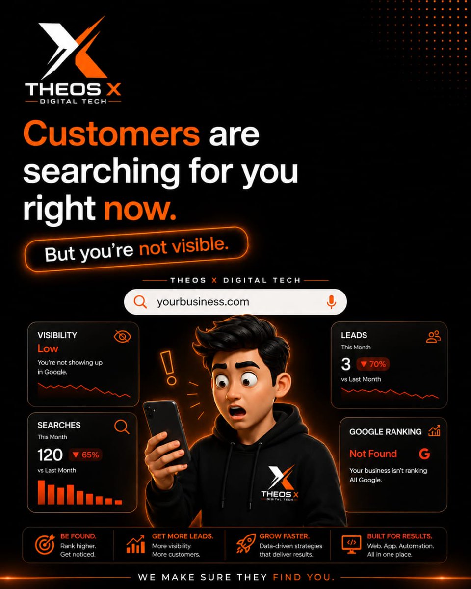 Theosxdigital's tweet photo. Your customers are searching for you RIGHT NOW.

But if they can't find you online, they'll find your competitor.

GET FOUND. GET LEADS. GROW. 🚀

Be visible. Be chosen.

Would customers find your business on Google today?

#TheosX #SEO #DigitalMarketing #BusinessGrowth https://t.co/S2miOWf0hc
