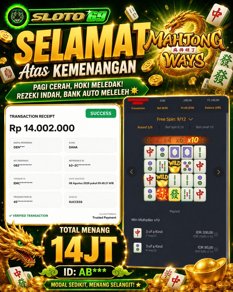 sloto69_'s tweet photo. 🔥 HOKI PAGI INI BIKIN SALTING! 🔥
💰 TOTAL MENANG 14JT 💰

🌐 𝑳𝑰𝑵𝑲 : Link: https://t.co/klHQVsaP8f
ID : AB* 
lagi panen manis di Mahjong Ways! 🐉✨
Pagi cerah, rezeki melimpah! 😍💚

#sloto69 #harimauhijauonline #slotjackpot #mahjongways https://t.co/vCIup6pKcu