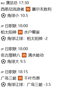 momenhassan68's tweet photo. 🇦🇺 澳足总 17:30
西悉尼流浪者 🆚 墨尔本胜利
⚽ 角球小 10.5
🇯🇵 日职联 18:00
柏太阳神 🆚 水户蜀葵
⚽ 角球让球：柏太阳神 -2
🇯🇵 日职联 18:00
名古屋鲸八 🆚 清水鼓动
⚽ 角球大 9.5

🇯🇵 日职联 18:15
广岛三箭 🆚 千叶市原
⚽ 角球让球：广岛三箭 -3.5#足球
 #足球推荐 #足球赛事 #英联杯 https://t.co/4fWLxh2lyh