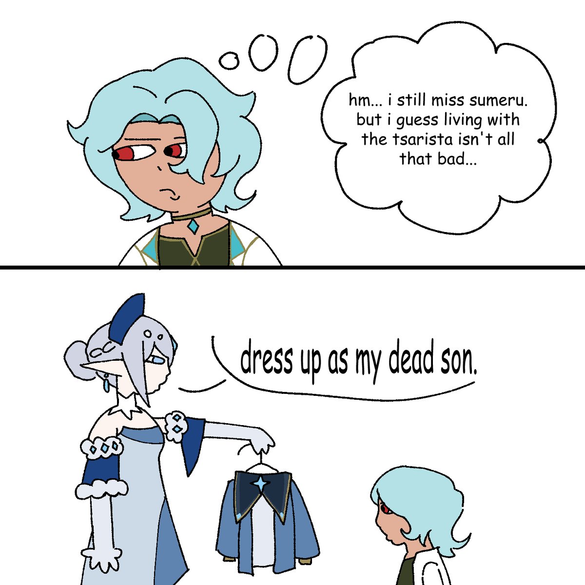 Snailyslime's tweet photo. #genshin Au where Zandik gets taken in by the tsarista. Somehow. Idk don't ask me how he got all the way over there. #dottore #tsarista https://t.co/CZvHHbskDF