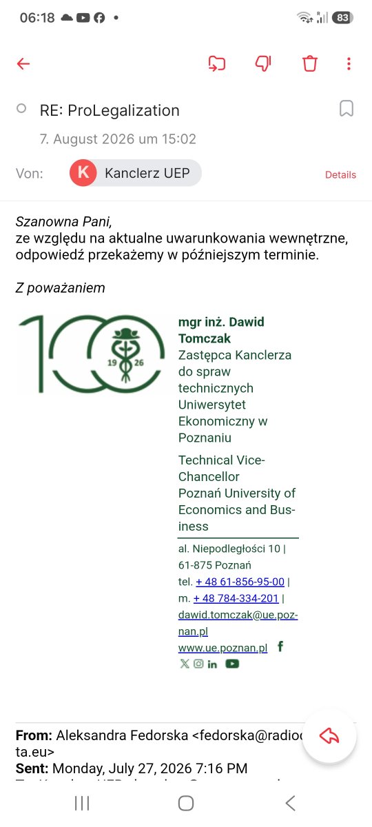 a_fedorska's tweet photo. CO UKRYWA PRZED NAMI BYŁA AKADEMIA EKONOMICZNA W #POZNAŃ , która jeszcze W 90TYCH latach MIAŁA REKTORA, KTÓRY STUDIOWAŁ W MOSKWIE! 

EWENEMENT NA SKALĘ POLSKI, ŻE FIRMA PROLEGAZATION, NALEŻĄCA TO 28LETNIEJ OBYWATELKI UKRAINY, MOGŁA OSIEDLIĆ SIĘ WŁAŚNIE W NAJLEPSZYM BUDYNKU tej znanej PUBLICZNEJ UCZELNI. 

Renomowana postkomunistyczna uczelnia @UEwP ma tyle do ukrycia, że na wszystkie moje aktualne pytania o relacje z Nataliią F., ProLegalisation, umowy najmu z firmami i ilość zagranicznych studentów  odpowiedziała wczoraj jednym wzorcem 'kopiuj & wklej'' :) 

@OdpowPoznan , @bwroblewski, @SzSz_velSek, @MDrozdowicz , @cezarykrysztopa