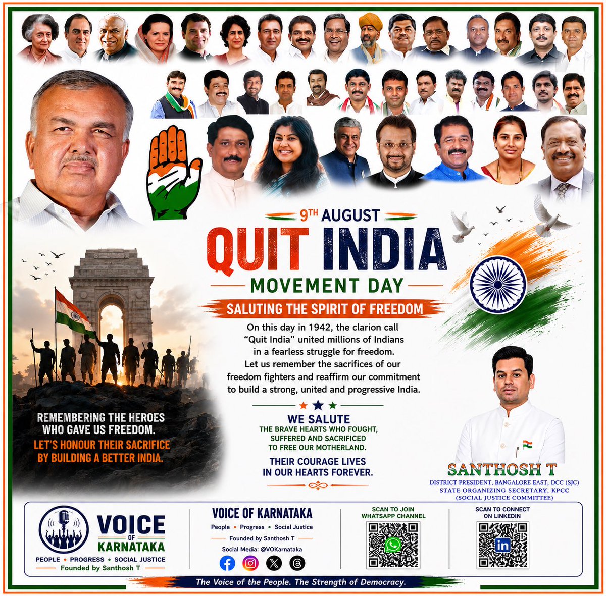 VOKarnataka's tweet photo. Quit India Movement Day 

We remember the brave freedom fighters who fought, suffered and sacrificed for India’s freedom during the historic Quit India Movement of 1942.

Their courage gave us freedom.
Our duty is to protect democracy, the Constitution and the unity of India. https://t.co/H9coF1nUdj