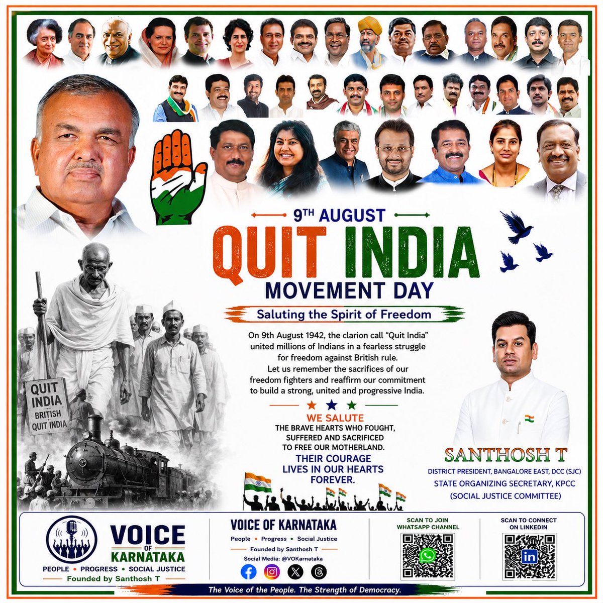 VOKarnataka's tweet photo. Quit India Movement Day 

We remember the brave freedom fighters who fought, suffered and sacrificed for India’s freedom during the historic Quit India Movement of 1942.

Their courage gave us freedom.
Our duty is to protect democracy, the Constitution and the unity of India. https://t.co/H9coF1nUdj