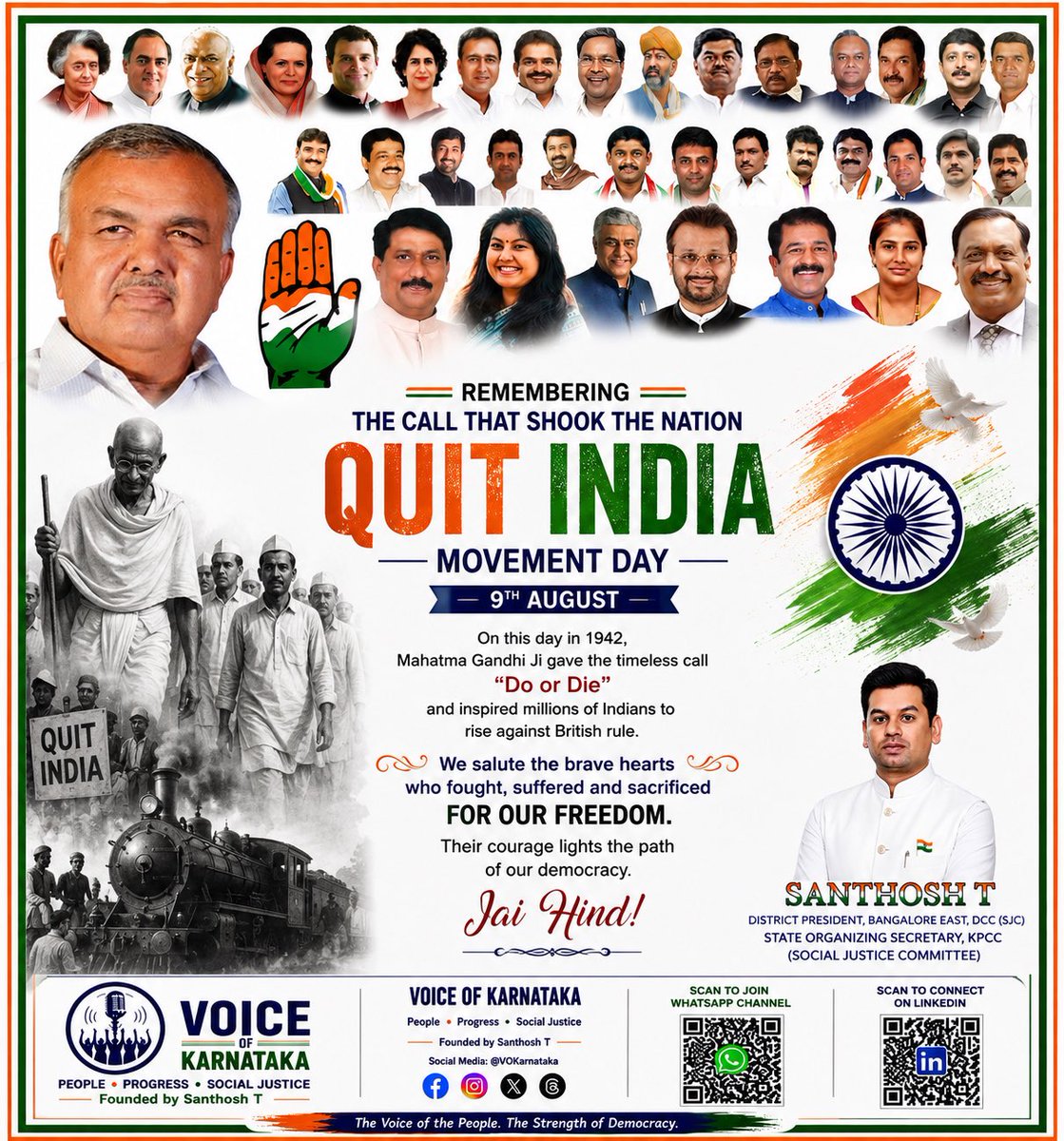 VOKarnataka's tweet photo. Quit India Movement Day 

We remember the brave freedom fighters who fought, suffered and sacrificed for India’s freedom during the historic Quit India Movement of 1942.

Their courage gave us freedom.
Our duty is to protect democracy, the Constitution and the unity of India. https://t.co/H9coF1nUdj