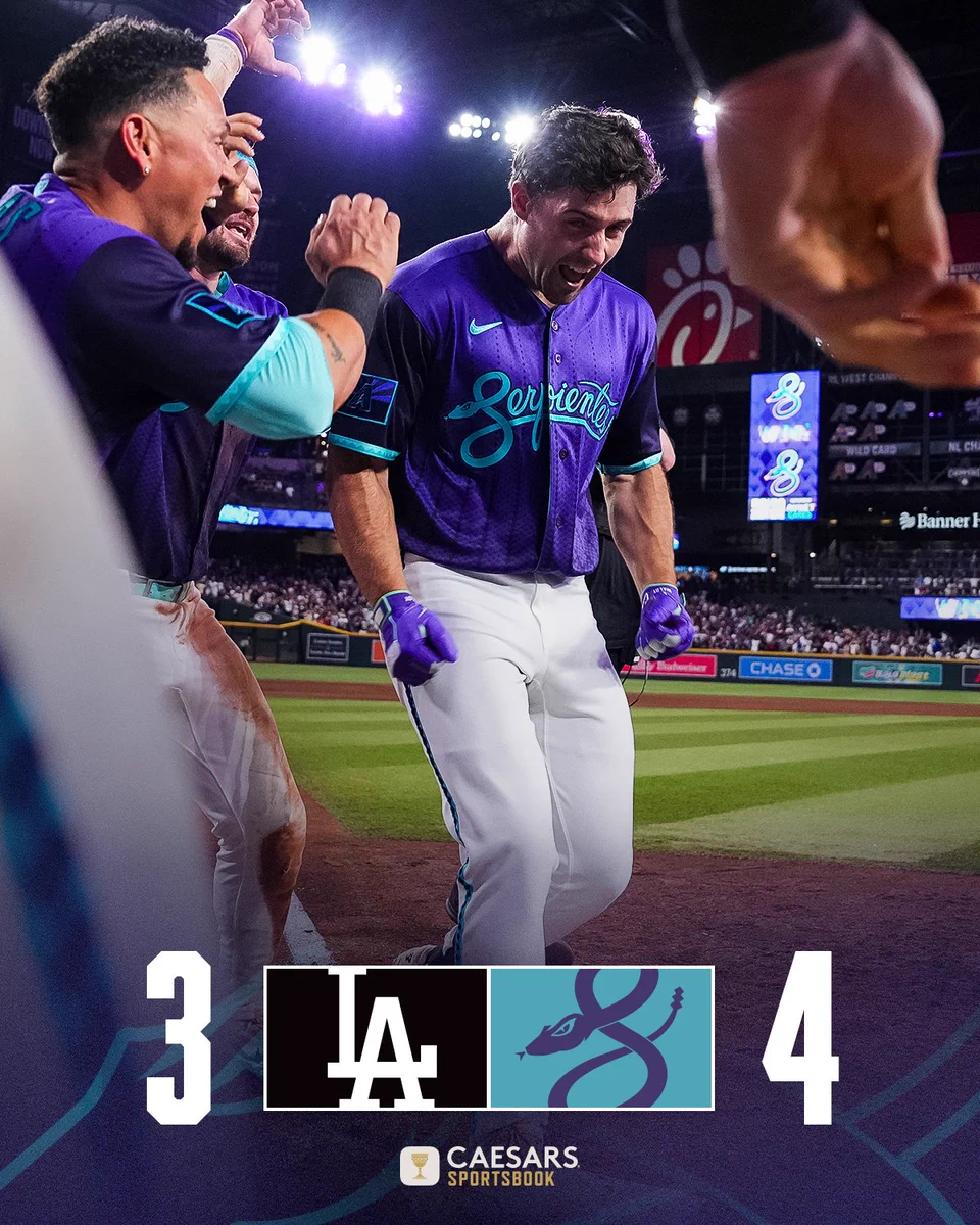 Dodgers (logo) - 3
Serpientes (logo) - 4

The graphic features an image of Ryan Waldschmidt celebrating with his teammates after hitting a walk-off home run. He is wearing a purple Serpientes City Connect uniform.

Caesars Sportsbook (logo)