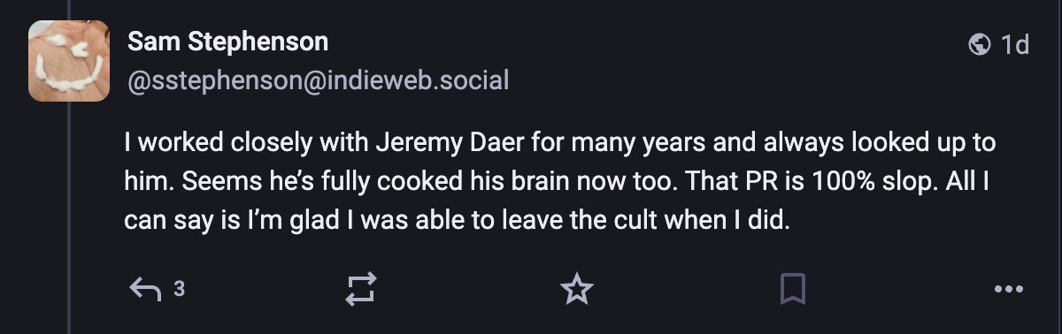 pdx529's tweet photo. i'd a lot of respect for sam (turbolinks etc.), very much gone now. he calls a 9 loc change ai slop. https://t.co/Cln4OXOhMA is living in a different world. https://t.co/Vr2EWMgc0Y