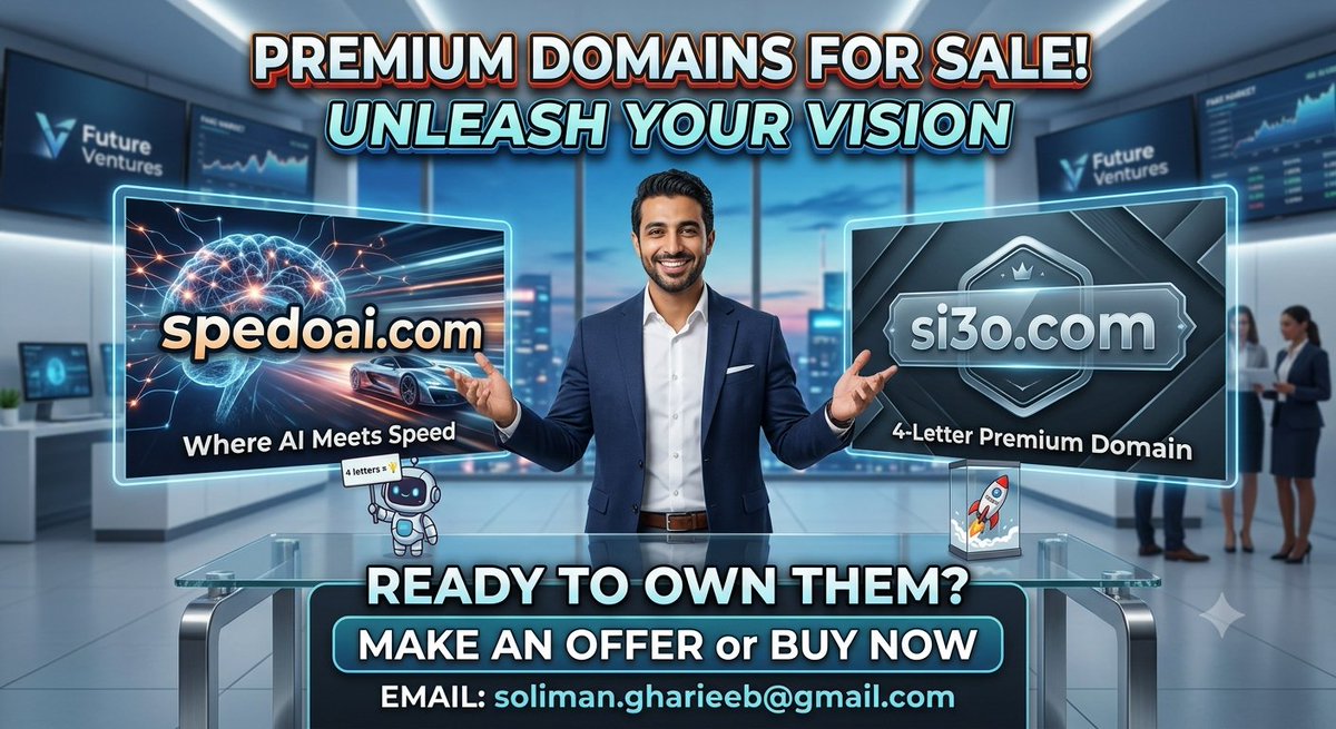 SolimanGharieb's tweet photo. Now available for purchase:
🤖 spedoai .com
• Ideal for AI acceleration, performance tools, or tech automation.
⚡ si3o .com
• Rare 4-character .COM
• Modern, punchy, and ultra-brandable.
Serious buyers DM. Let's make a deal! 🤝
#DomainForSale #AI #Web3 #TechStartups #Branding https://t.co/hEVSgOLwbt