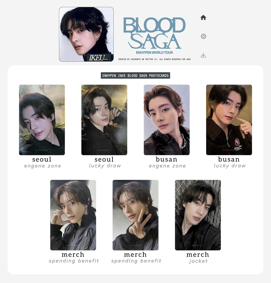 IKEUpdate's tweet photo. [TEMPLATE] BLOOD SAGA TOUR
─ Jake photocards  
(UPDATE: 08/08)
 
#ENHYPEN #JAKE #엔하이픈 #제이크 https://t.co/a7pJrobPFX