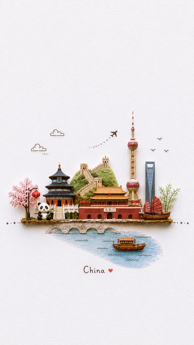 Naiknelofar788's tweet photo. A little world, beautifully crafted in miniature✈️🌍

GPT image 2 on chatGPT
Prompt:
Create a charming miniature 3D paper-craft travel illustration of [DESTINATION], designed like a delicate handmade travel postcard. Feature recognizable local landmarks and cultural elements as tiny handcrafted models, arranged on a narrow floating landscape strip. Include small details such as local transportation, trees, street lamps, water, birds, clouds, and subtle travel elements like an airplane with a dotted flight path.

Use a soft white textured paper background, gentle natural lighting, pastel colors, subtle shadows, and a whimsical handcrafted aesthetic. The landmarks should look like they are made from paper, clay, wood, and miniature craft materials, with realistic tiny textures and charming imperfections.

Keep the composition minimal, clean, airy, and centered, with plenty of negative space around the miniature scene. Add a small elegant handwritten-style title at the bottom reading “[DESTINATION]”.

Style: miniature diorama, handcrafted paper art, travel postcard, whimsical 3D illustration, soft pastel palette, tactile textures, macro photography feel, delicate details, cozy artistic aesthetic, high resolution, vertical 9:16 composition.