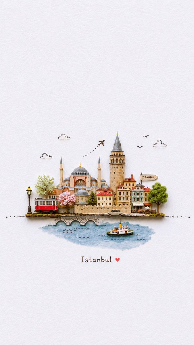 Naiknelofar788's tweet photo. A little world, beautifully crafted in miniature✈️🌍

GPT image 2 on chatGPT
Prompt:
Create a charming miniature 3D paper-craft travel illustration of [DESTINATION], designed like a delicate handmade travel postcard. Feature recognizable local landmarks and cultural elements as tiny handcrafted models, arranged on a narrow floating landscape strip. Include small details such as local transportation, trees, street lamps, water, birds, clouds, and subtle travel elements like an airplane with a dotted flight path.

Use a soft white textured paper background, gentle natural lighting, pastel colors, subtle shadows, and a whimsical handcrafted aesthetic. The landmarks should look like they are made from paper, clay, wood, and miniature craft materials, with realistic tiny textures and charming imperfections.

Keep the composition minimal, clean, airy, and centered, with plenty of negative space around the miniature scene. Add a small elegant handwritten-style title at the bottom reading “[DESTINATION]”.

Style: miniature diorama, handcrafted paper art, travel postcard, whimsical 3D illustration, soft pastel palette, tactile textures, macro photography feel, delicate details, cozy artistic aesthetic, high resolution, vertical 9:16 composition.