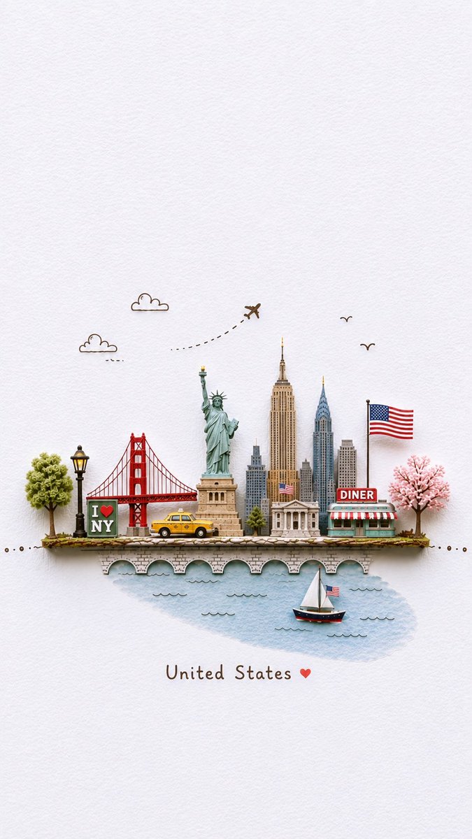 Naiknelofar788's tweet photo. A little world, beautifully crafted in miniature✈️🌍

GPT image 2 on chatGPT
Prompt:
Create a charming miniature 3D paper-craft travel illustration of [DESTINATION], designed like a delicate handmade travel postcard. Feature recognizable local landmarks and cultural elements as tiny handcrafted models, arranged on a narrow floating landscape strip. Include small details such as local transportation, trees, street lamps, water, birds, clouds, and subtle travel elements like an airplane with a dotted flight path.

Use a soft white textured paper background, gentle natural lighting, pastel colors, subtle shadows, and a whimsical handcrafted aesthetic. The landmarks should look like they are made from paper, clay, wood, and miniature craft materials, with realistic tiny textures and charming imperfections.

Keep the composition minimal, clean, airy, and centered, with plenty of negative space around the miniature scene. Add a small elegant handwritten-style title at the bottom reading “[DESTINATION]”.

Style: miniature diorama, handcrafted paper art, travel postcard, whimsical 3D illustration, soft pastel palette, tactile textures, macro photography feel, delicate details, cozy artistic aesthetic, high resolution, vertical 9:16 composition.