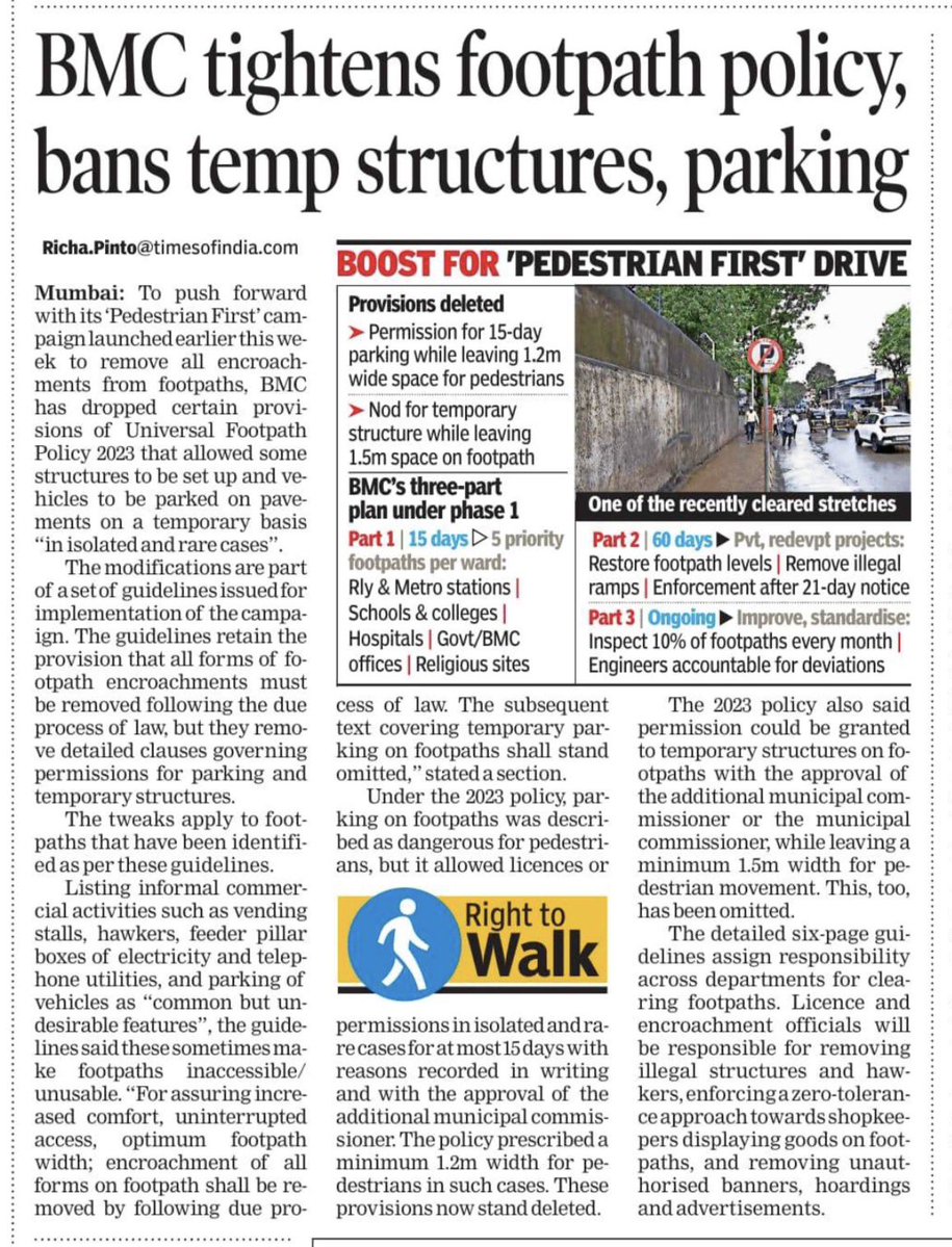 richapintoi's tweet photo. Mumbai’s #Pedestrian first program: In a significant modification @mybmc has tightened the implementation of its Universal Footpath Policy 2023- by dropping provisions that allowed limited exceptions for parking and temporary structures on footpaths. The modification is a part of the six page guidelines that have been issued for implementation of the newly launched - 'Pedestrians First (Improving Walkability) program issued by the municipal commisioner on Aug 5, 2026.

https://t.co/nT2YA1HSsc