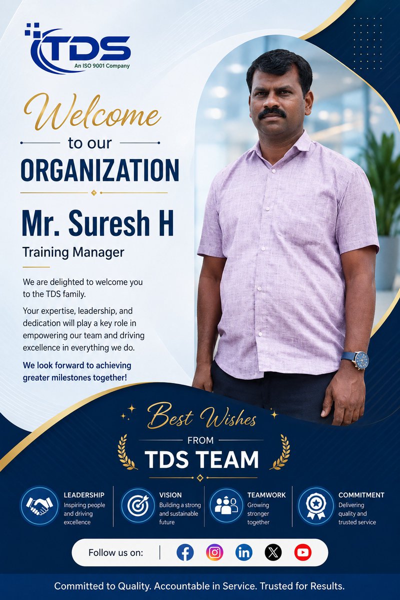 Tds_Fm's tweet photo. ๐ Welcome to the TDS family, Mr. Suresh H โ Training Manager!
Wishing you success as you lead, train, inspire, and empower our team toward greater excellence.
#WelcomeToTDS #TrainingManager #TeamTDS #Leadership #TDSsecurityandfacility https://t.co/vXQlh7lMuf