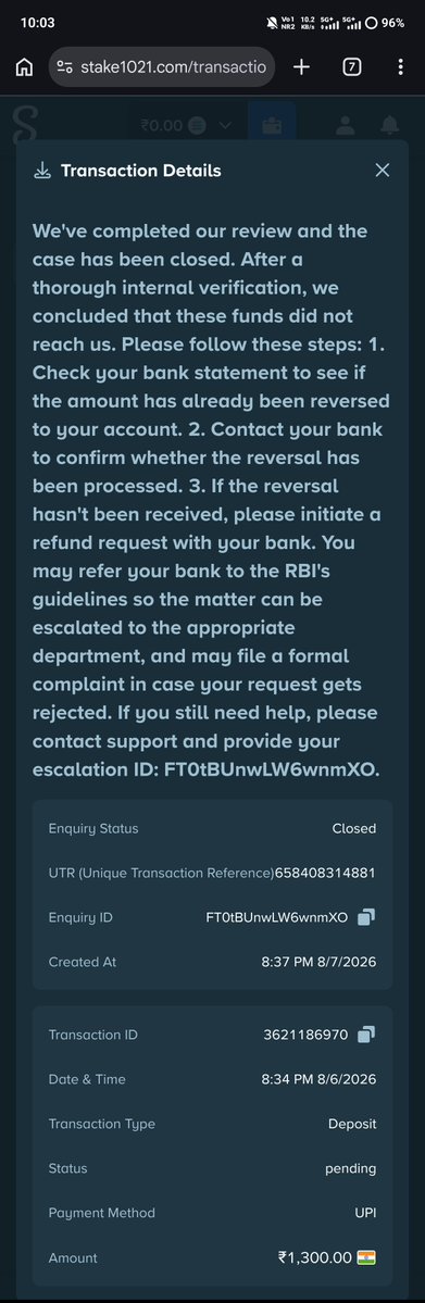 01xnuman's tweet photo. @Stake @StakeEddie @StakeIND

My stake amount has been deducted, or the payment was successful but the stake hasn't been credited to my account. The Stake team is telling me to ask the bank for a refund, while the bank says the payment was successful. Stake, can you help me? https://t.co/6OrvsjkRUz