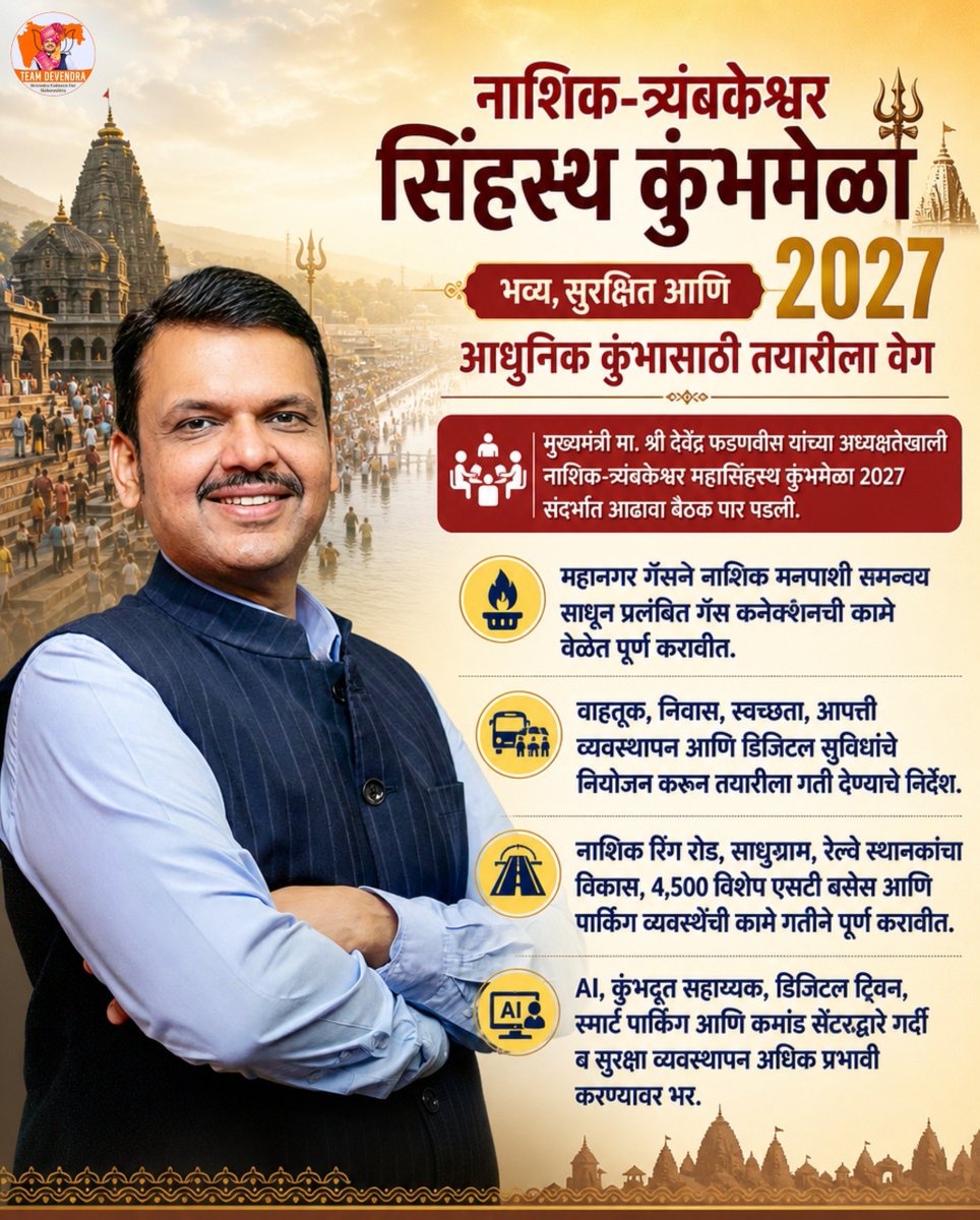 priyazore's tweet photo. नाशिक-त्र्यंबकेश्वर सिंहस्थ कुंभमेळा २०२७ भव्य, सुरक्षित आणि आधुनिक करण्यासाठी तयारीला वेग!
सुव्यवस्थित वाहतूक, निवास, स्वच्छता, डिजिटल सुविधा आणि प्रभावी सुरक्षा व्यवस्थेवर विशेष भर.

#DevendraFadnavis #Teamdevendra #SinhsthaKumbh2027 #NashikKumbh https://t.co/LdwVU8sCOP