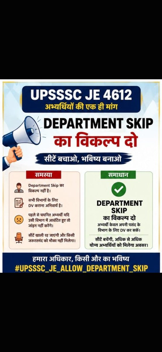 Sachink96234681's tweet photo. Department Skip कोई नई मांग नहीं है। यह सुविधा JE 2016 और JE 2018 भर्ती में पहले से थी। उसी व्यवस्था को 08-परीक्षा/2024 में भी लागू किया जाए।🙏🏻🙏🏻🙏🏻 
#UPSSSC_JE_ALLOW_DEPARTMENT_SKIP
@myogiadityanath
@keshavprashadmaurya
@brijeshpathak https://t.co/x1RNvGHdmT