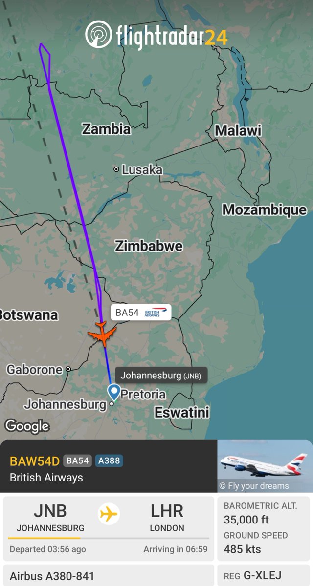 flightradar24's tweet photo. British Airways flight #BA54 made a U-turn after 2 hours and is returning to Johannesburg. https://t.co/PlNXYKMVuG