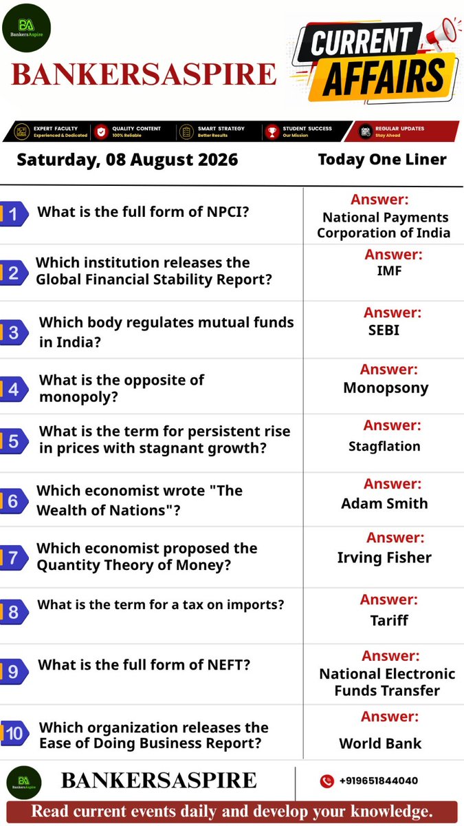 bankersaspire's tweet photo. BANKERSASPIRE – Today’s Current Affairs One-Liners | 08 August 2026
#BankersAspire #CurrentAffairs #BankingAwareness #BankingExams #Economy #OneLiners #IBPS #SBI #RBI #BankExams #CurrentAffairs2026 #ExamPreparation https://t.co/aaD7C4XCZs