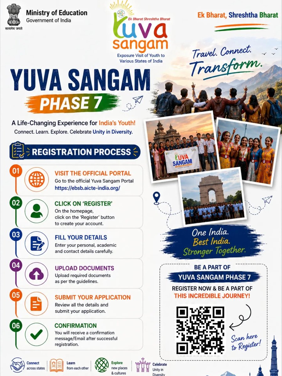 yadarsh209's tweet photo. Ready to explore a new state, meet inspiring people, and experience the true spirit of Ek Bharat Shreshtha Bharat?
Register for Yuva Sangam Phase 7 today and become a part of India's youth movement!
📲 Scan QR code & register now!
#YuvaSangam #Phase7 #EkBharatShreshthaBharat https://t.co/D4a0KrGbR6