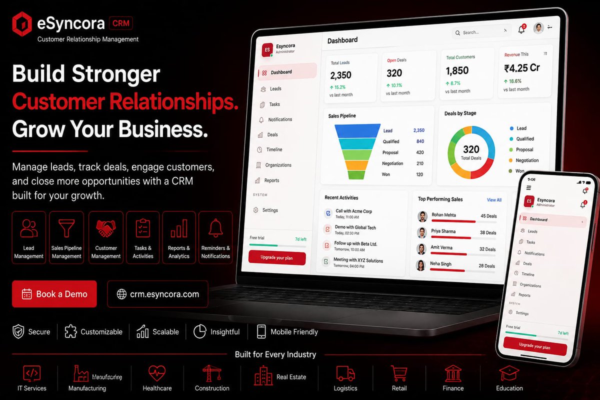 esyncora's tweet photo. 🚀 Build stronger customer relationships. Grow your business.
Manage leads, deals, customers, activities, follow-ups &amp; sales performance from one powerful CRM.
✅ Lead Management
✅ Customer Management
✅ Analytics
✅ Tasks &amp; Reminders
🌐 https://t.co/fDxQsmDdXk  https://t.co/mvzuj2YPtI