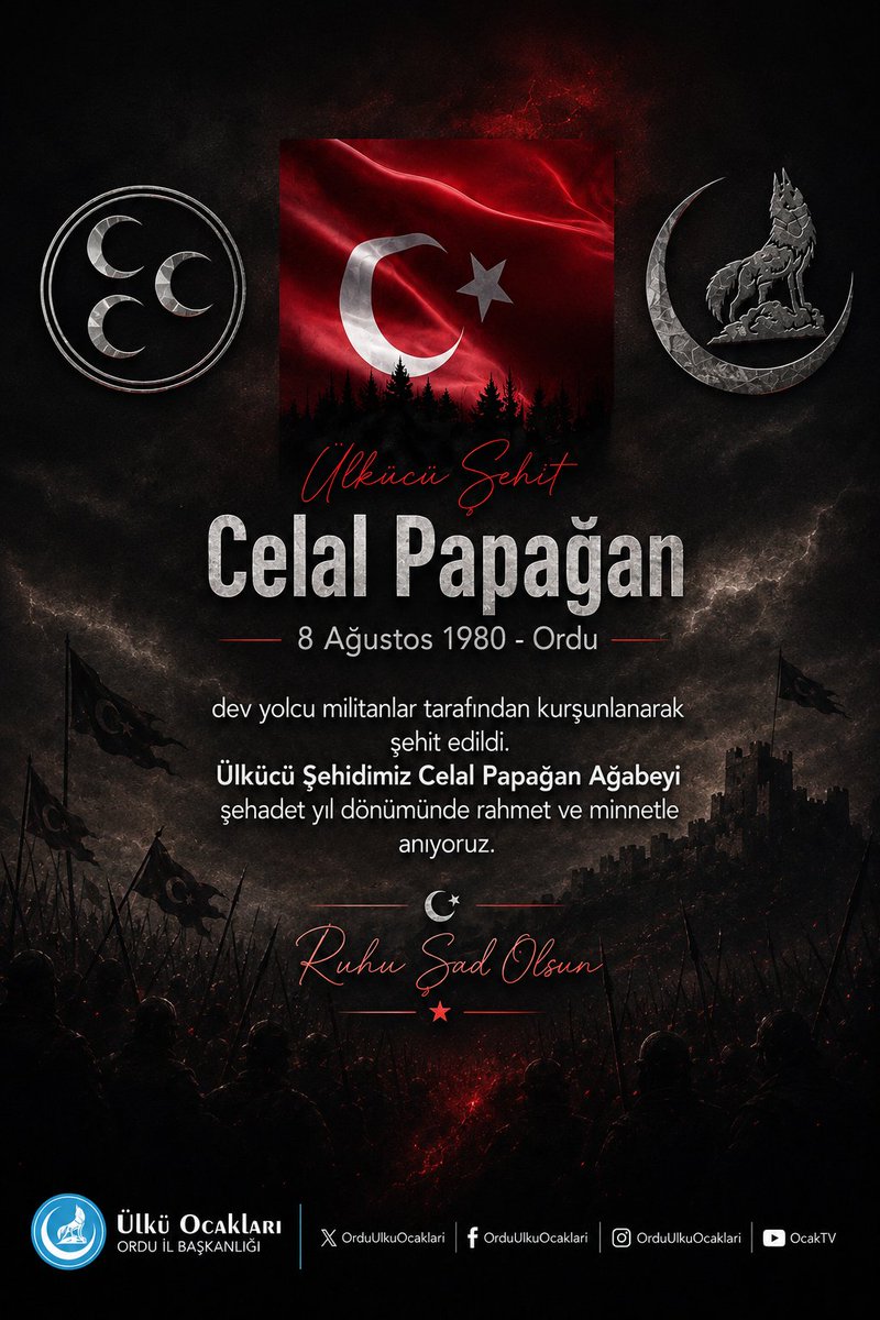 Orduilocak's tweet photo. Celal Papağan 
8 Ağustos 1980 -  Ordu 

Ülkücü Şehidimiz Celal Papağan Ağabeyimizi, şehadet yıl dönümünde rahmet, minnet ve dualarla anıyoruz.
Aziz hatırası, gönüllerimizde daima yaşayacak; bıraktığı kutlu miras nesilden nesile aktarılacaktır.

Ruhu şad, mekânı cennet olsun. https://t.co/Uo2ChfCE0g
